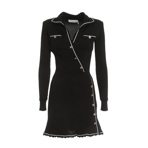 Self-Portrait Wrap Mini Dress Black Contrast Piping Ribbed Knit Chest Pockets - Picture 2 of 11